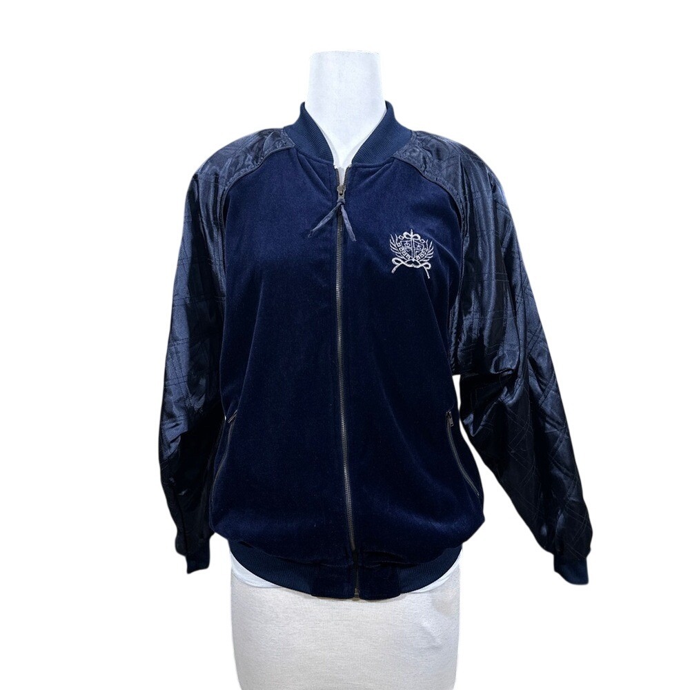 LAVON‎ Velvet Bomber Jacket Navy Blue Y2K 90s Sporty Prep Athleisure Size Large